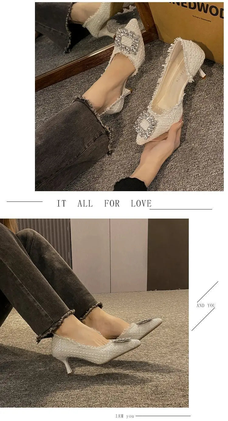 Salto estilete para mulheres, sandálias de strass, botão quadrado, sapatos de casamento, moda feminina, branco, 2024