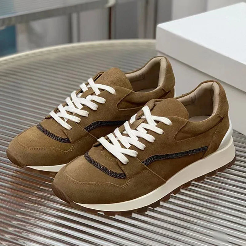 Sapatos casuais mulher dedo do pé redondo corrente corda grânulo conforto tênis de corrida senhoras camurça vaca retalhos rendas até tênis planos