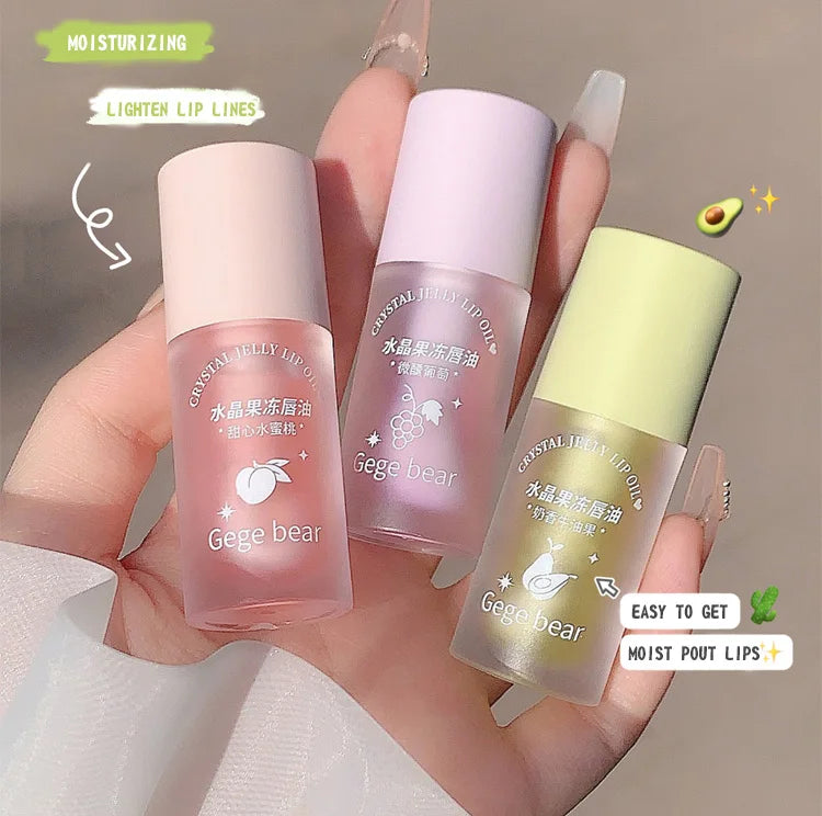 Óleo Labial Gege Bear Crystal Jelly Fruit com Pêssego, Uva e Abacate, Hidratante, Nutritivo e Clareador de Linhas Labiais