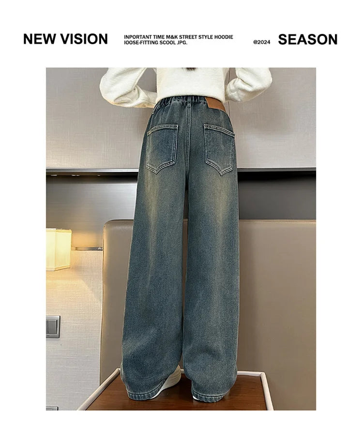 Crianças casuais solto em linha reta ajuste jeans para meninas perna larga legal calças jeans crianças adolescente primavera cintura elástica calças jeans