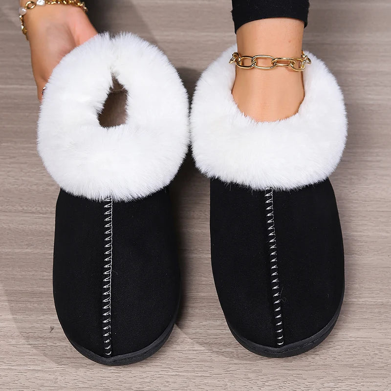 Inverno quente interior flurry chinelos feminino camurça do falso dedo do pé fechado casal chinelos mulher conforto sola macia casa slides mujer