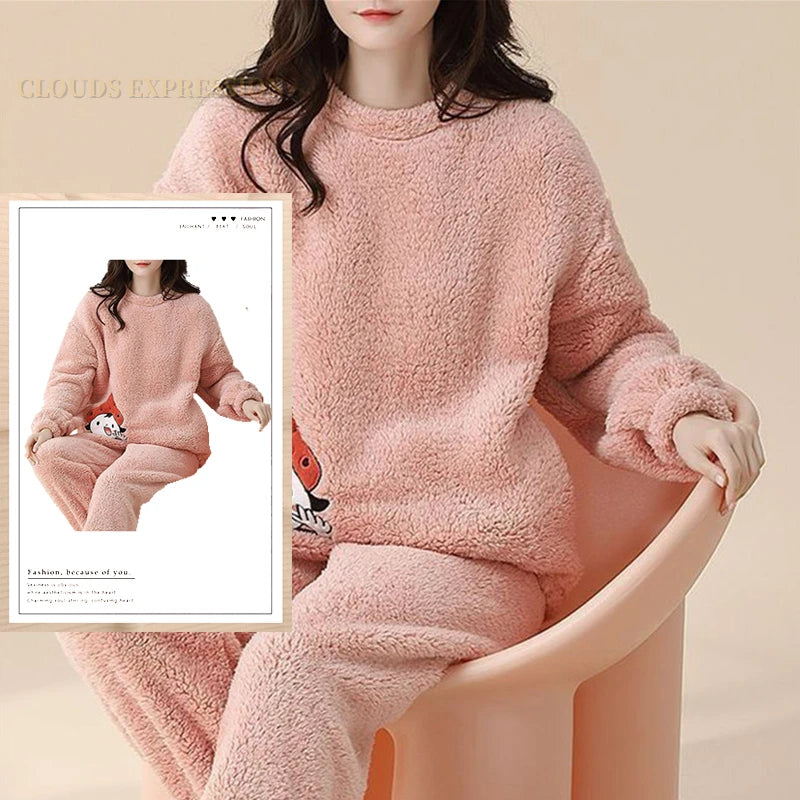 Outono inverno flanela conjuntos de pijamas femininos moda xadrez impresso teddy pijamas veludo homewear kawaii meninas pijamas mujer pijama