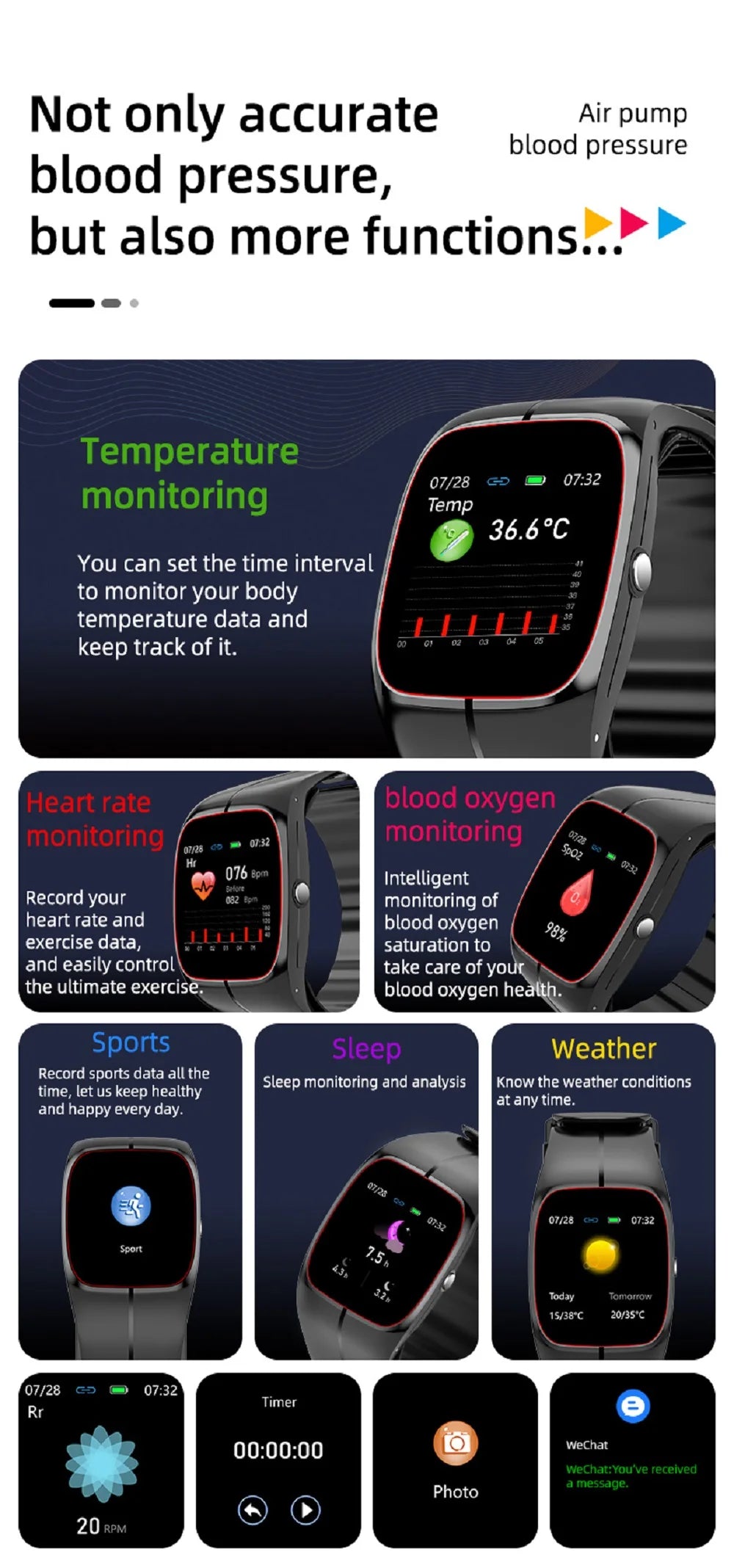 Oxigênio no sangue pressão arterial temperatura corporal monitor de freqüência cardíaca smartwatch masculino à prova dwaterproof água sono esporte saúde relógios inteligentes feminino