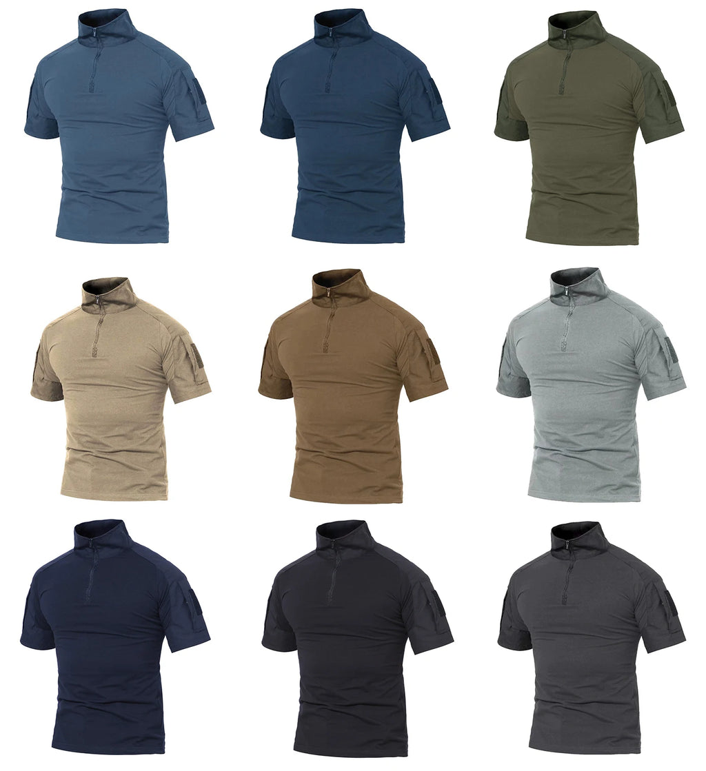 Tacvasen-camiseta de manga curta com bolsos com zíper para homens, roupas de estilo safári, cor sólida, para caminhadas e trabalho, para o verão