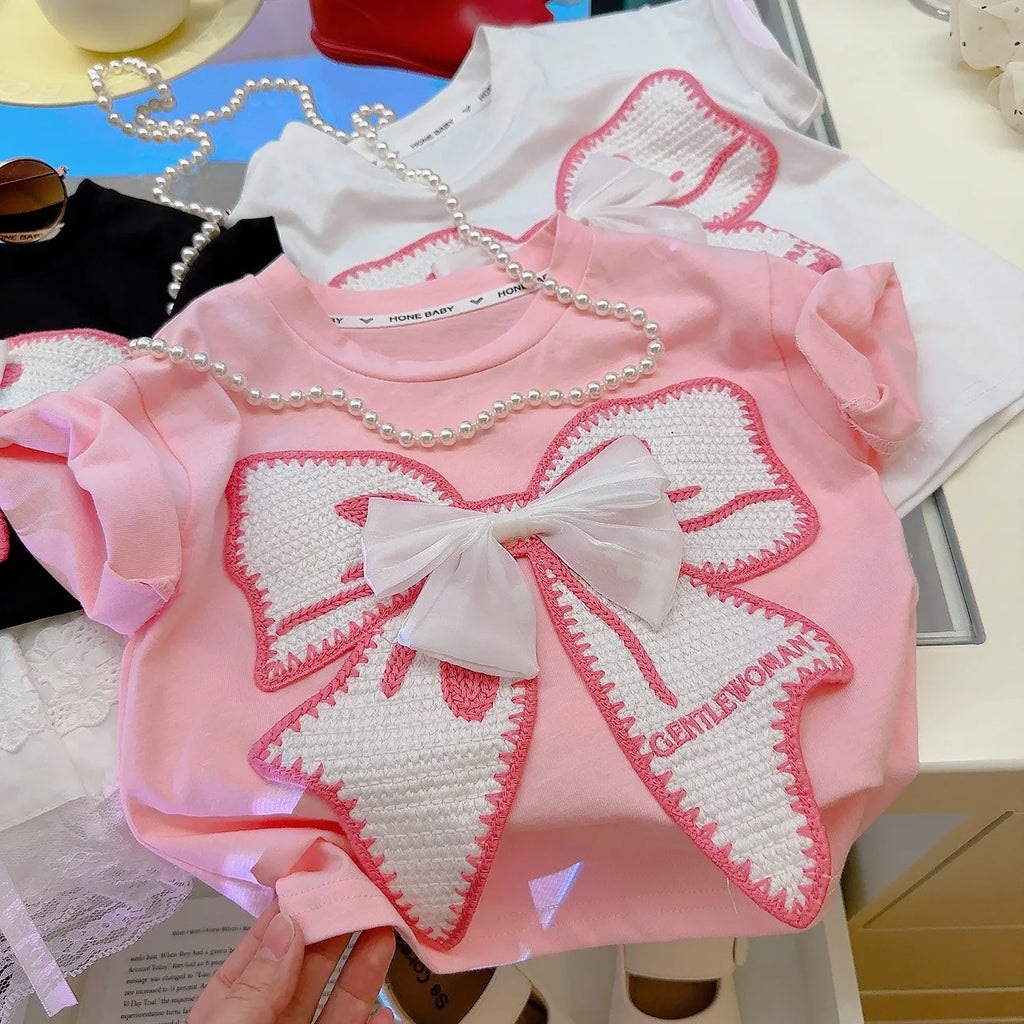 Conjunto de roupas de camiseta rosa para crianças, meninas, verão, saia de renda, pulôver, doce, bebê, lolita, conjunto de vestido, 1-8 anos, roupas infantis, estilo coreano