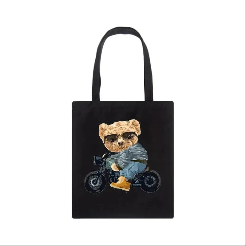 Moda urso impressão eco mulheres sacos de ombro bolsa feminina lona saco de compras casual grandes senhoras viagem totes sacos