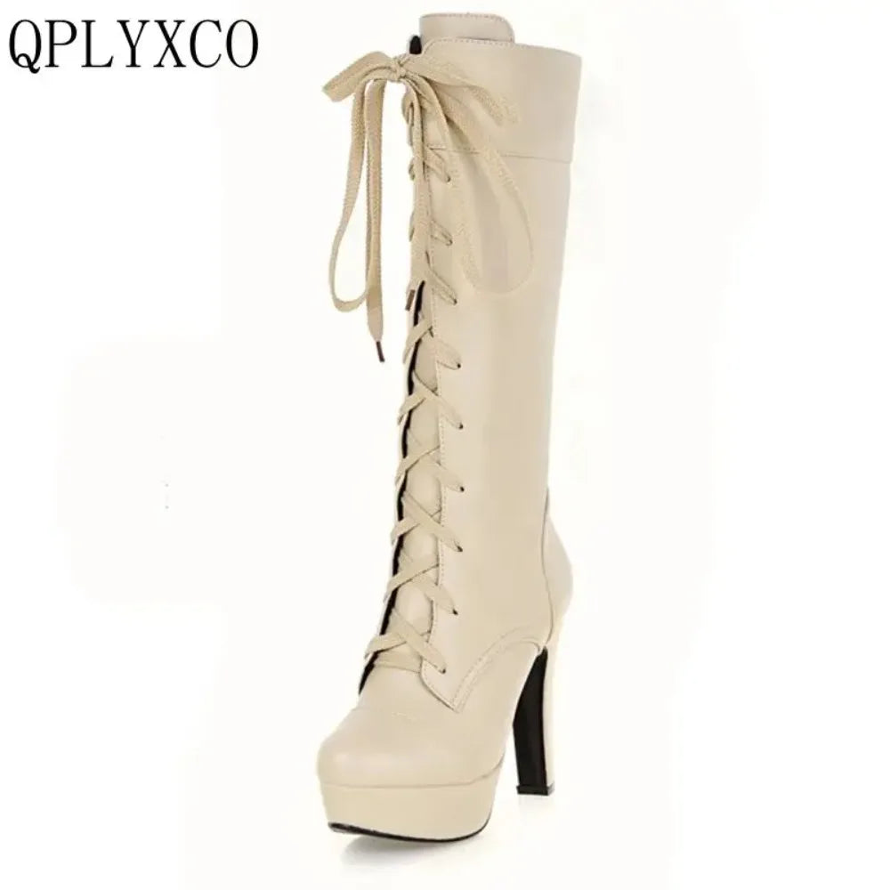 Qplyxco joelho botas altas femininas nova moda pequena tamanho grande 31-45 outono inverno quente rendas até salto alto botas de plataforma longa M-20