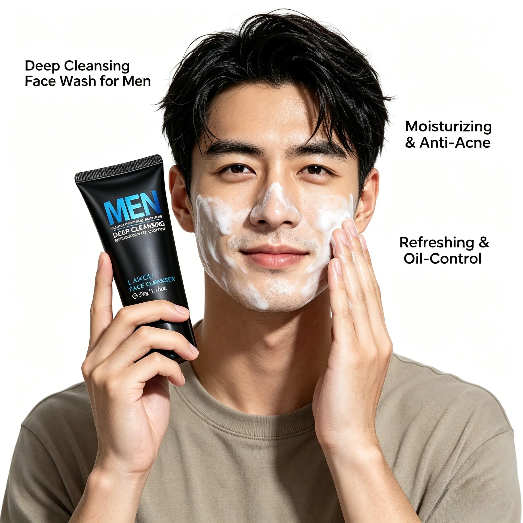 LAIKOU Limpador Facial Masculino 50g Limpeza Profunda Controle de Oleosidade Anti Acne Refrescante Hidratante Para Cuidados com a Pele Masculina