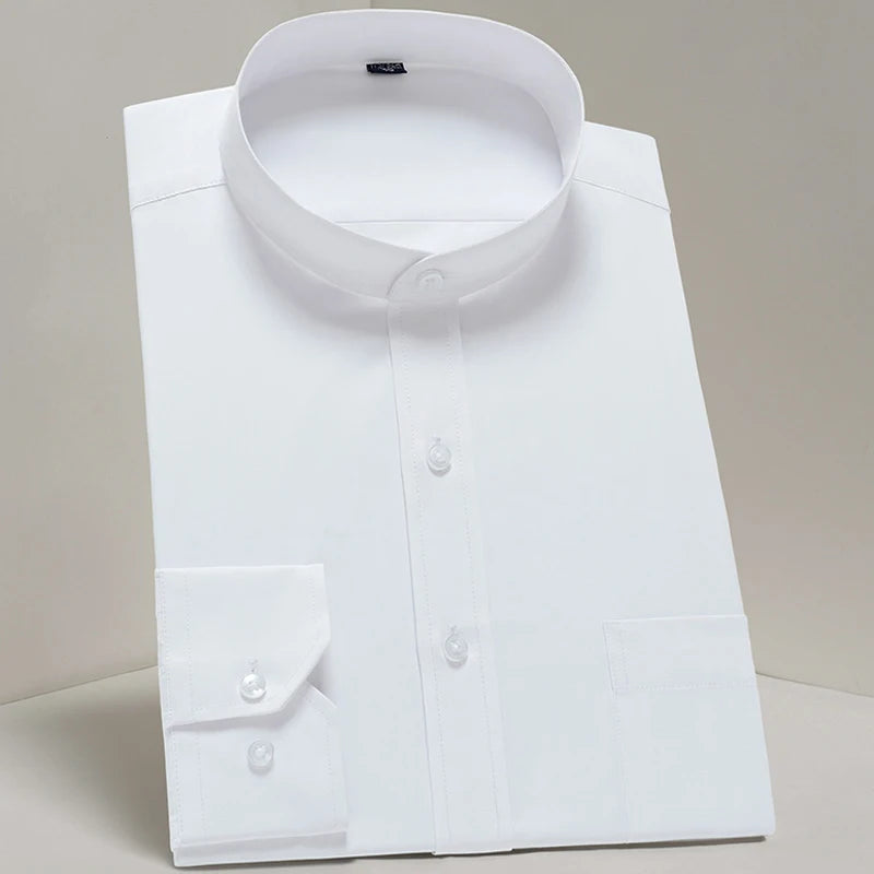Camisas sociais masculinas clássicas de manga comprida, ajuste padrão, formal, negócios, social, simples, design básico, branco, trabalho, escritório, camisa casual