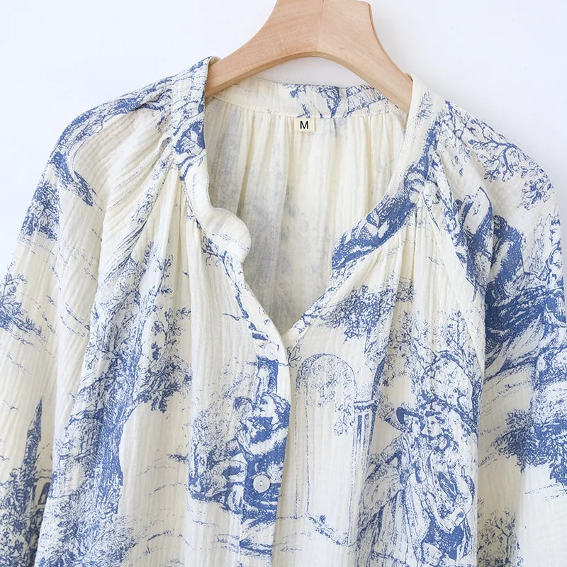 Manga longa algodão jardim secreto impressão com decote em v vestido de dormir para mulheres sleepwear respirável comprimento médio dormir camisolas