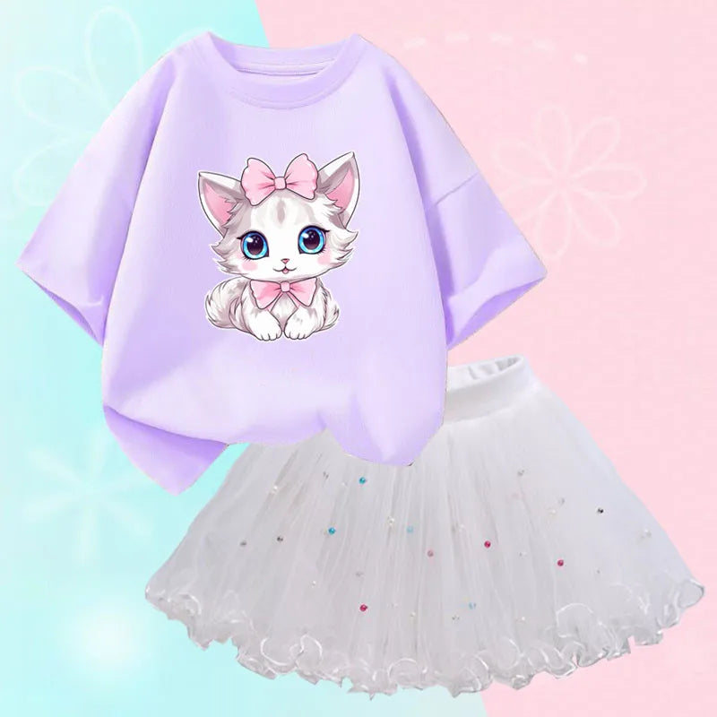 Roupas de verão para meninas, camiseta fofa de gato e saia tutu de malha, conjunto de duas peças, roupas coreanas para crianças de 3 a 14 anos