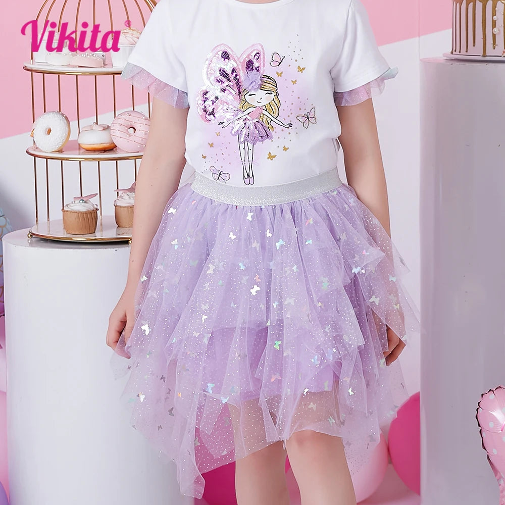 Vikita meninas borboleta lantejoulas tutu vestido crianças malha tule irregular roxo casual princesa festa de formatura vestido crianças roupas