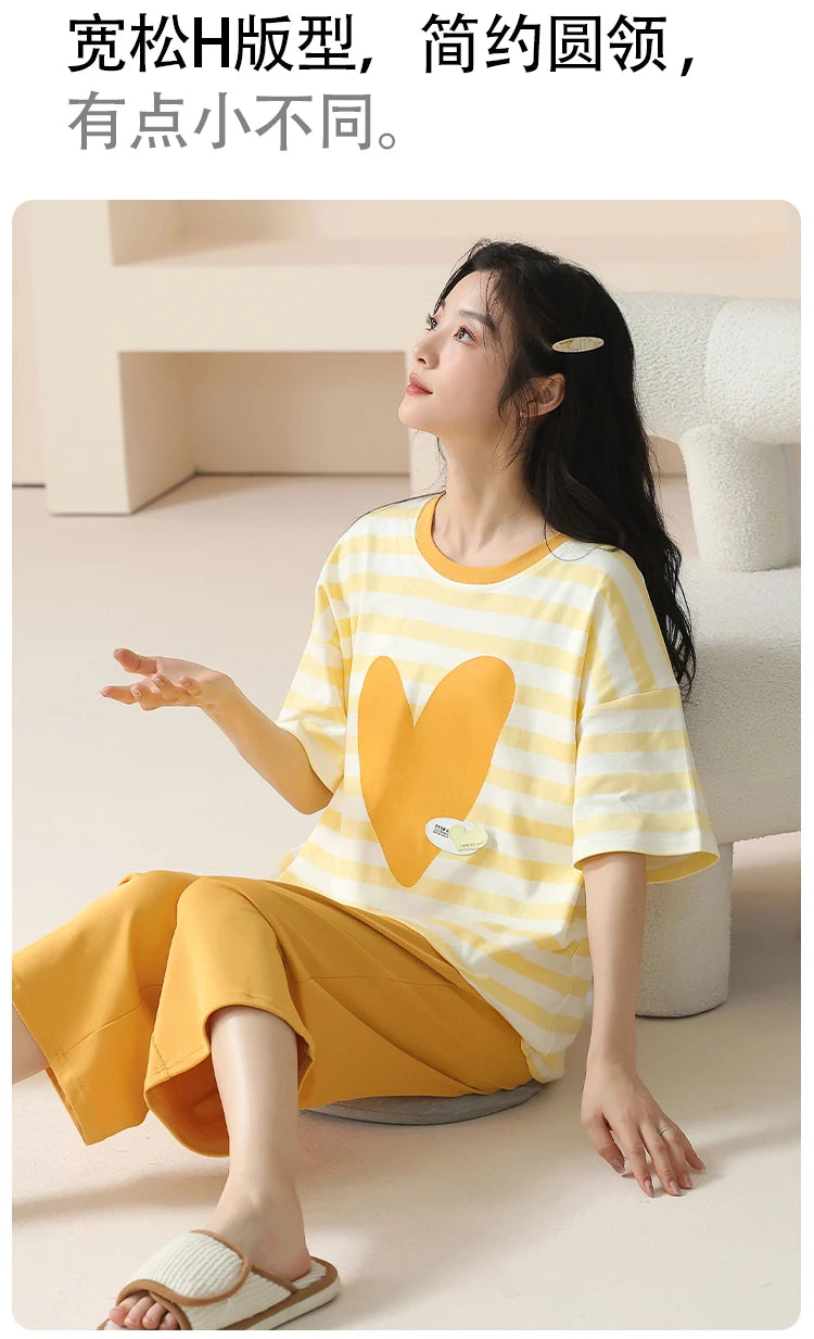 SUKAE-Conjunto de Pijamas dos desenhos animados das mulheres, 100% algodão, calça curta na altura do joelho, pijamas, capris loungewear, pijamas de verão, M-4XL