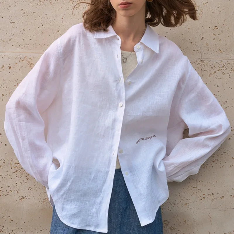 Camisa Feminina 100% Linho 2026 Nova Coleção Primavera Verão Casual com Gola Lapela Cardigã Protetor Solar Bordado Manga Longa Branca
