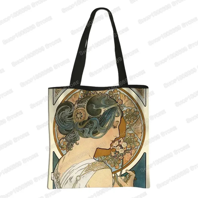 Alphonse Beauty Print Bolsa para Mulheres, Sacos De Compras De Armazenamento Reutilizável, Totes Casuais, Pintura A Óleo, Elegante Senhoras Tote