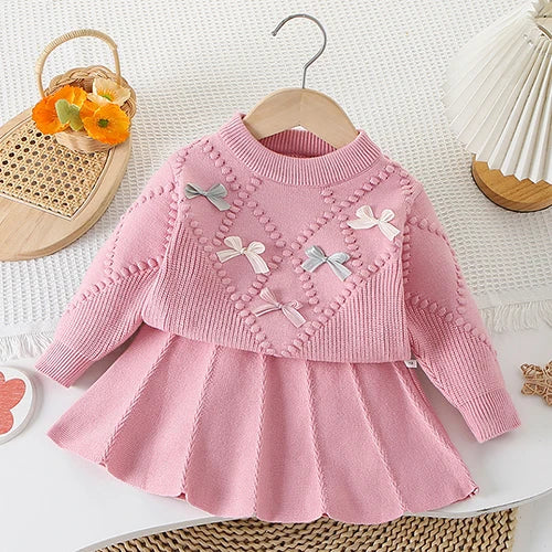 2025 novo outono 0-5yrs bebê meninas conjunto de roupas manga comprida malha cardigan casaco + saia curta crianças roupas de malha terno
