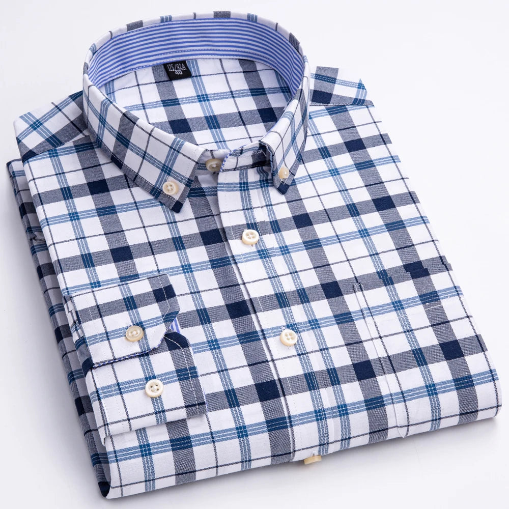 Camisas de vestido de algodão com design de gola de lapela listrada xadrez na moda masculina, camisa casual de manga comprida com botões para primavera/outono
