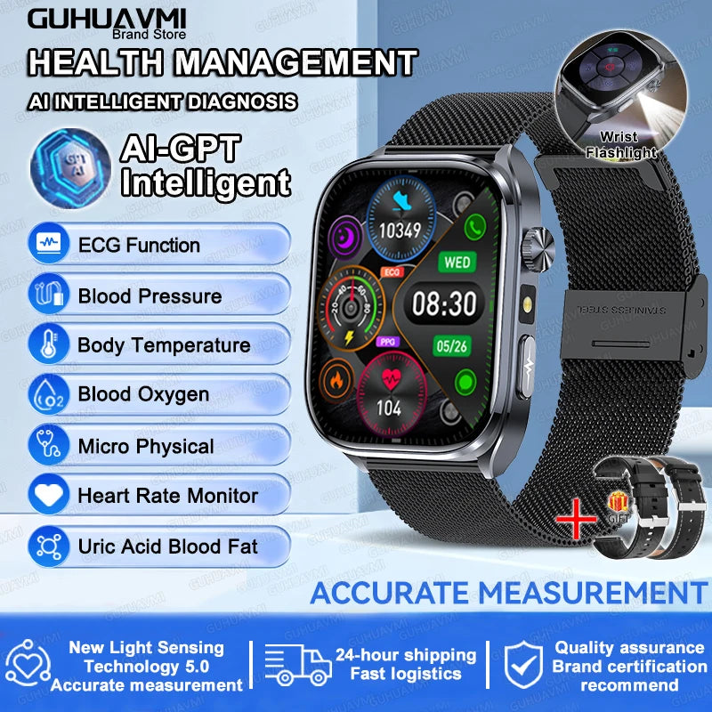 Novo Smartwatch 2026 com ECG Preciso, Análise de Saúde Cardíaca, Análise de Sangue, Lipídios no Sangue, Pressão Arterial e Chamada Bluetooth para Homens
