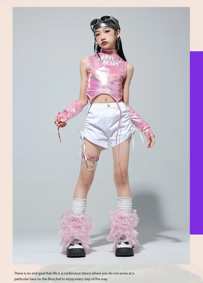 Meninas k-pop brilhante colheita superior calças de carga shorts de dança de rua crianças hip hop jazz conjuntos de roupas crianças streetwear menina grupo traje