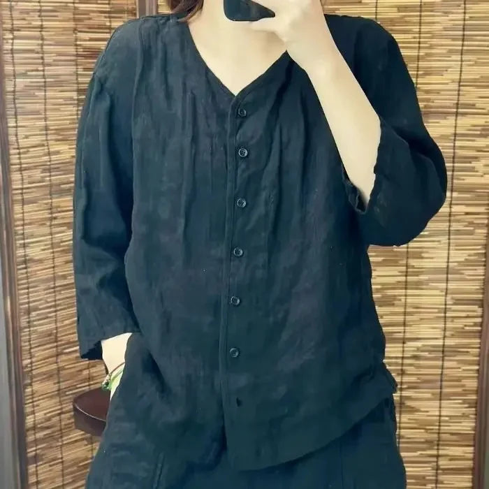 Camisa de Linho com Decote em V e Manga 3/4, Blusa Casual Solta com Botões, Top de Linho Respirável para Mulheres