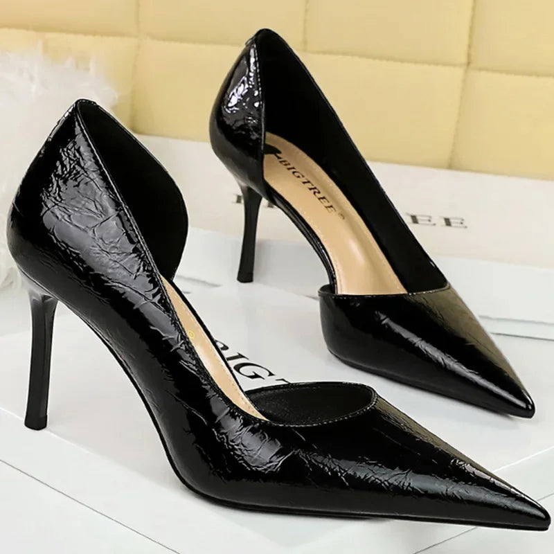 Estilo ocidental festa sapatos femininos 8cm salto alto fino raso apontou toe lado oco serpentina retro senhoras elegantes bombas marrom