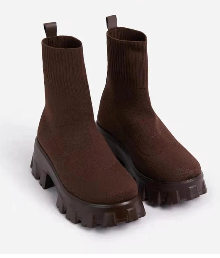 Botas femininas botas de plataforma elástica respirável primavera verão saltos botas mujer deslizamento em botas de tornozelo mulher elegante sapatos de salto