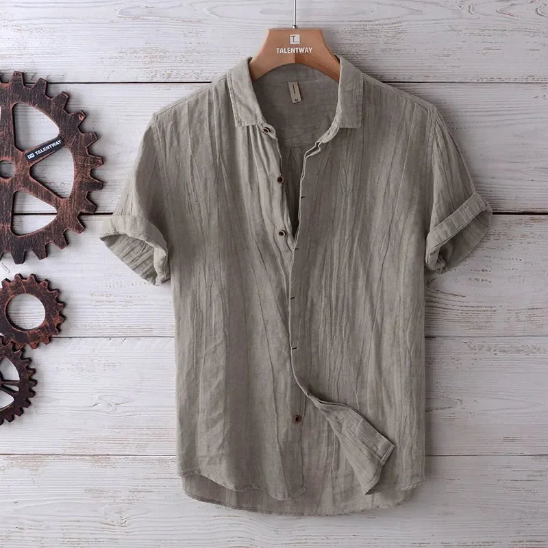 Camisa de Linho de Manga Curta para Homens, Camisa Casual Solta e Fresca de Verão em Cores Sólidas, Estilo Retro Japonês
