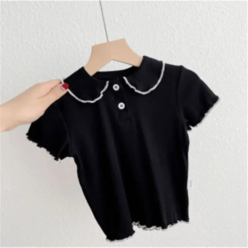 T-shirts de Peter Pan Collar infantil, infantil, meninas, fofo, casual, sólido, preto, branco, estilo coreano, verão, nova chegada, 2022