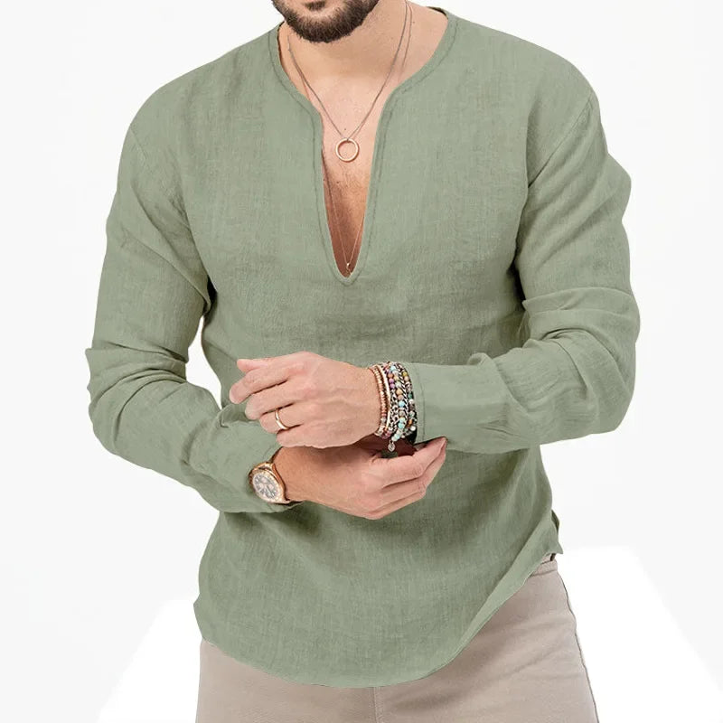 Camiseta Masculina de Linho de Manga Longa 2026 Henry, Slim Fit, Cor Sólida, Tamanho Grande Europeu e Americano, Gola V Profunda