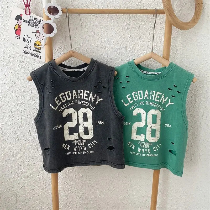 Verão bonito meninos novo preto puro algodão sem mangas perfurado camiseta estilo solto bebê crianças regata