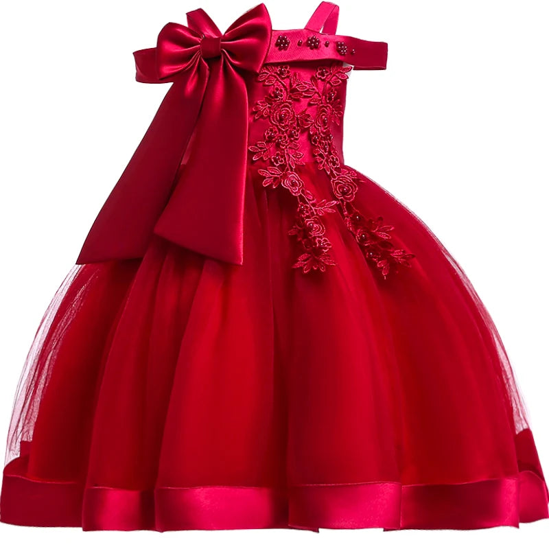 Apliques Femininos Flor Elegante Vestido de Noiva com Laço, Vestidos de Festa de Natal Infantil, 3 a 10 anos