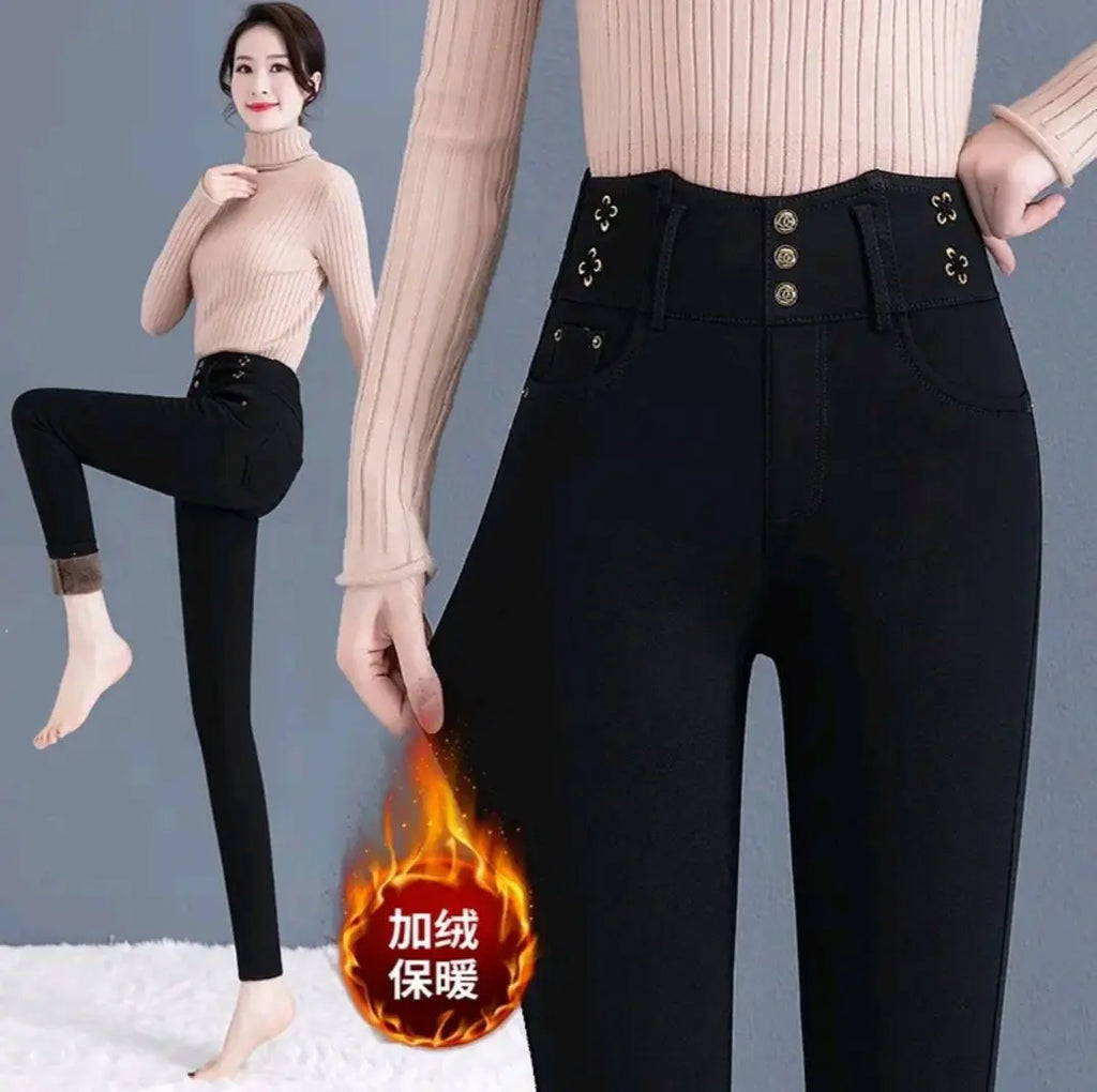 Jeans coreano elástico de cintura alta com pelúcia ártica, zíper de botão monocromático, calça lápis reta preta, moda fina, outono e inverno, nova