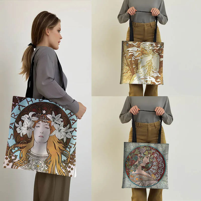 Alphonse Beauty Print Bolsa para Mulheres, Sacos De Compras De Armazenamento Reutilizável, Totes Casuais, Pintura A Óleo, Elegante Senhoras Tote