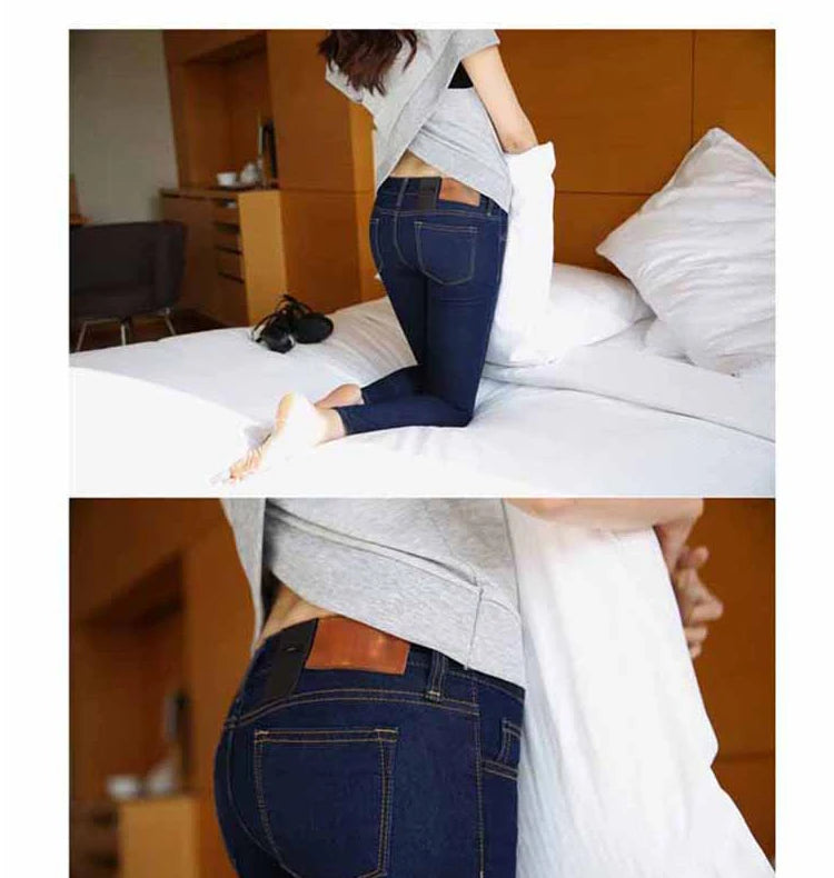 Calça Jeans Fena Skinny de Cintura Baixa Elástica e Esticável para Outono, Calça Longa Preta de Nove Pontos com Efeito Le...