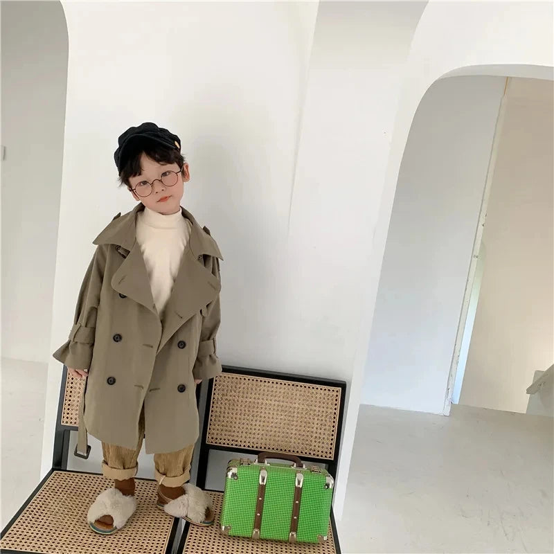 Casaco de manga comprida infantil, jaqueta de meninos e meninas, sobretudo, gola virada para baixo, corta-roupas, primavera, outono, 2 a 10 anos