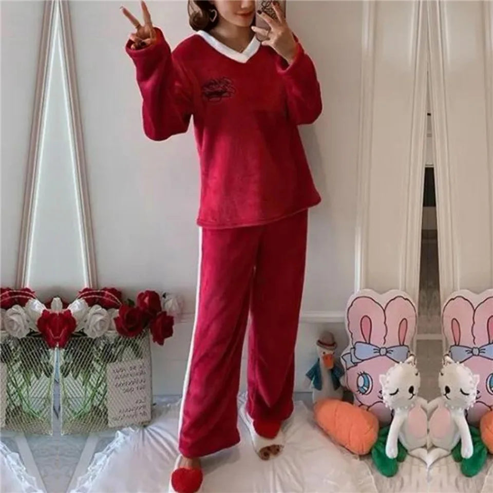 Outono inverno flanela conjuntos de pijamas femininos moda xadrez impresso teddy pijamas veludo homewear kawaii meninas pijamas mujer pijama