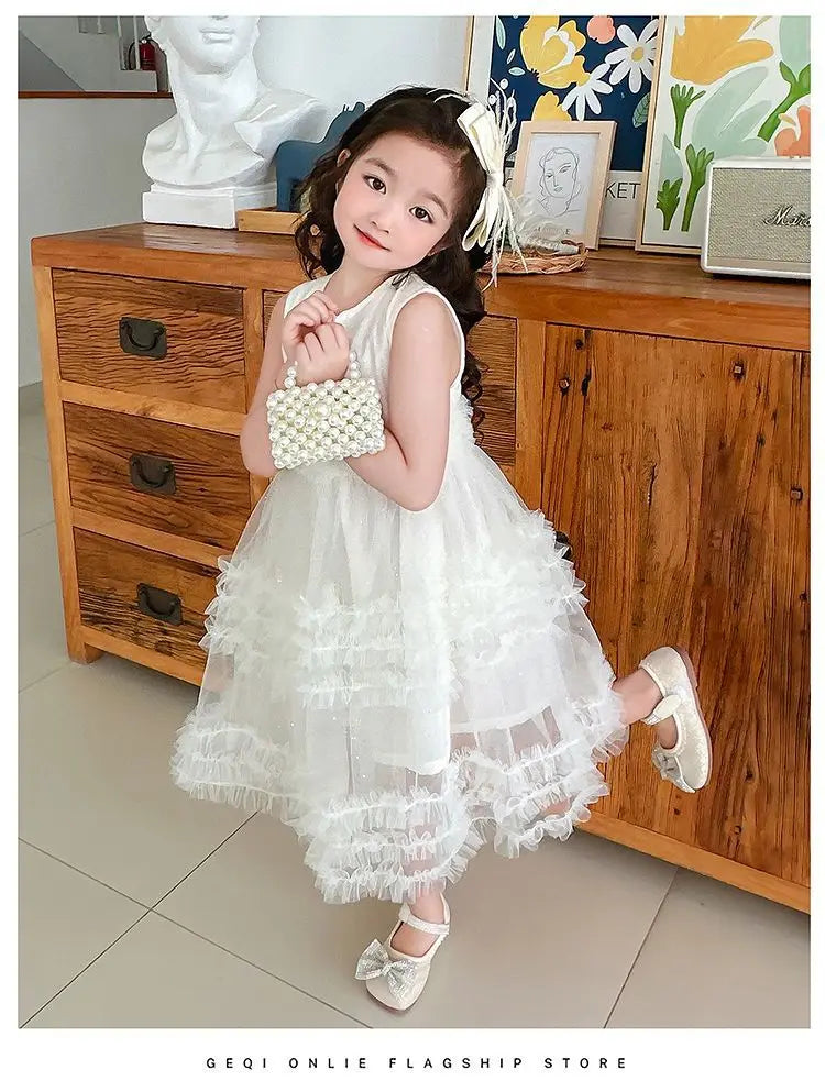 Novo Vestido Estilo Coreano 2026 para Crianças, Vestido de Verão Doce com Alças e Tule para Meninas