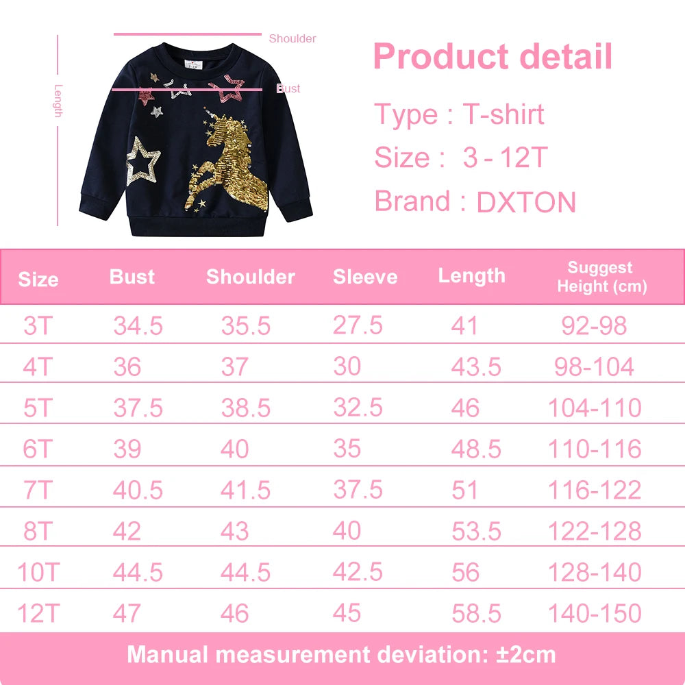 Dxton moletom infantil com lantejoulas, pulôver para bebês meninas, roupas unicórnio, roupa externa diária para crianças, camisetas esportivas de inverno