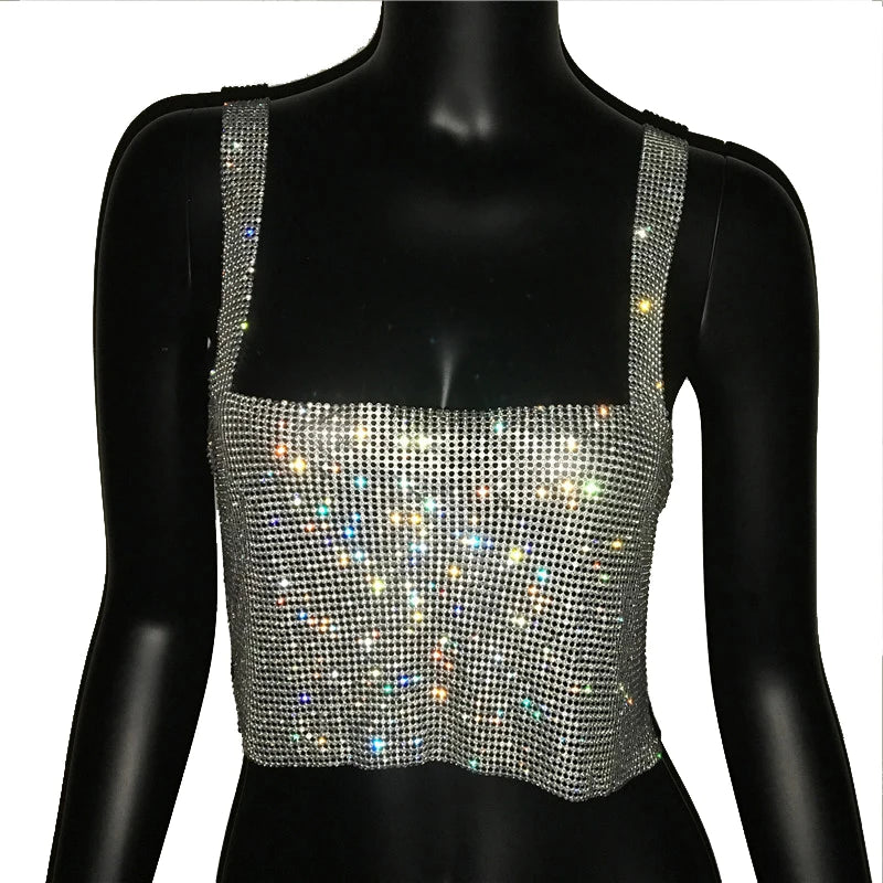 2025 glitter boate sem costas strass regata feminina sexy metal cristal diamantes lantejoulas noite clube festa wear topo de colheita