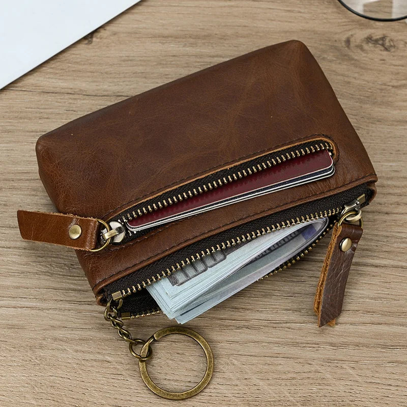 Luufan couro genuíno zíper moeda cartão bolsa de couro real rfid titular do cartão embreagem carteiras slots para homens mulheres mini bolsa fina