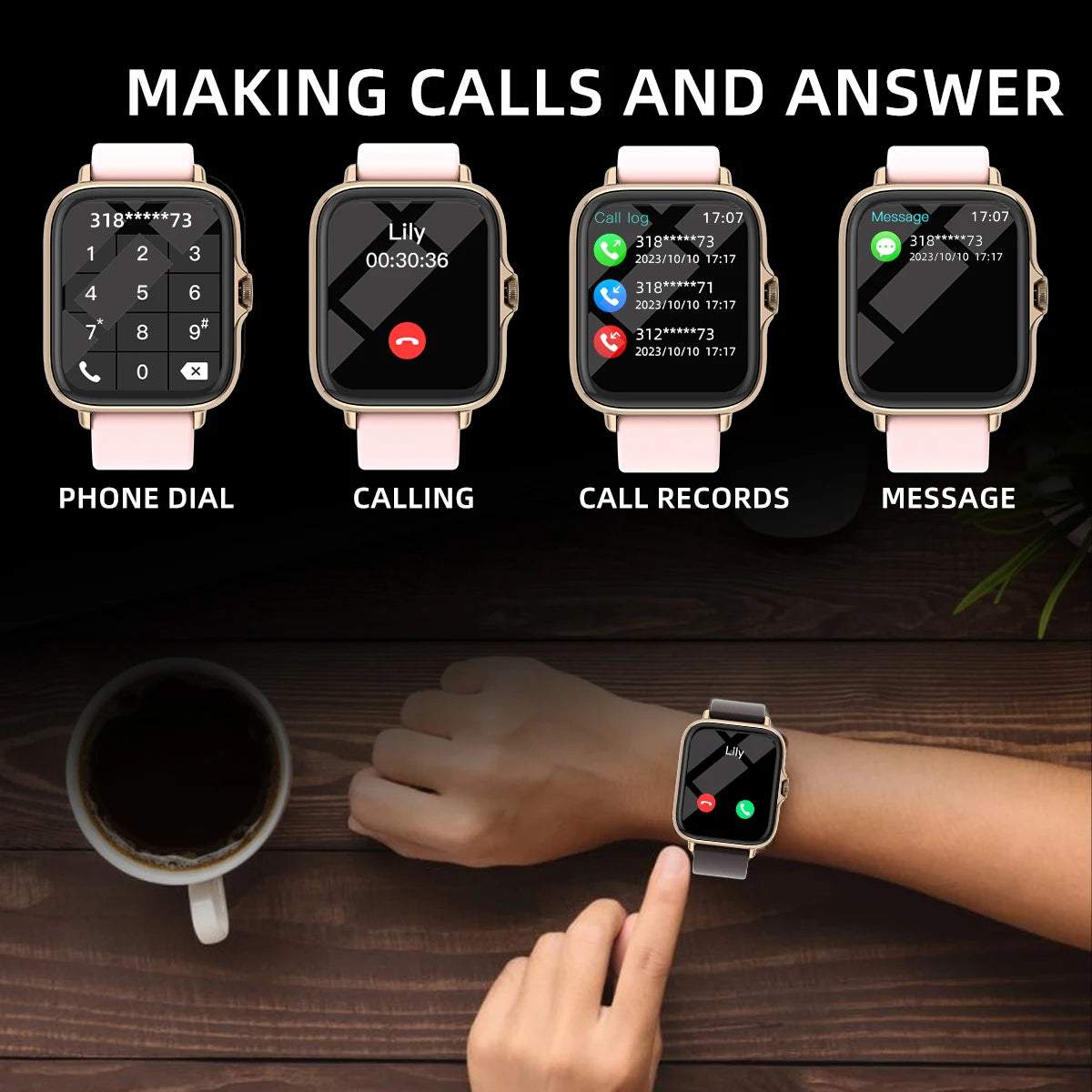 Relógio inteligente de 1,83 '' com mensagem, resposta, chamada, monitoramento do sono, pedômetro esportivo, alertas de informações para iPhone Android