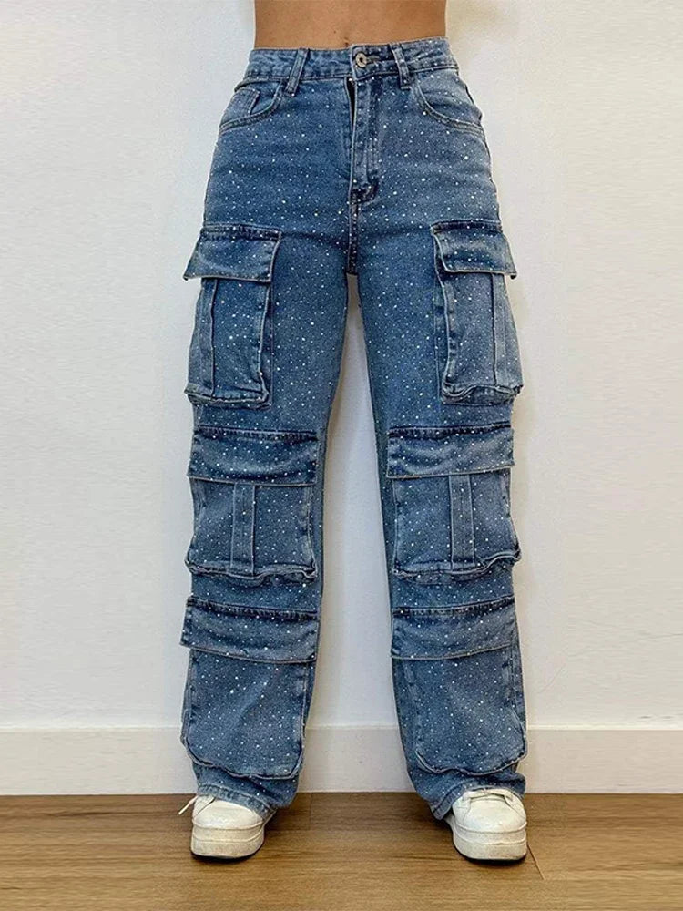 Cpsymym jeans de trabalho feminino com broca brilhante chique vários bolsos botão de cintura alta feminino jean primavera verão y2k senhora streetwear