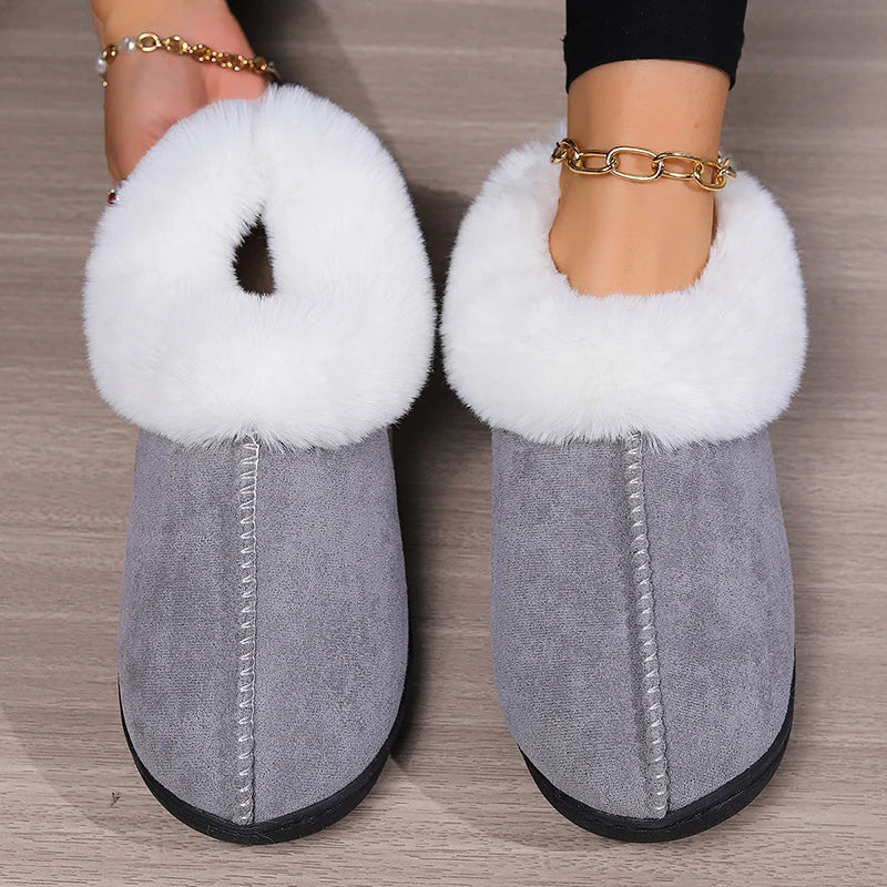 Inverno quente interior flurry chinelos feminino camurça do falso dedo do pé fechado casal chinelos mulher conforto sola macia casa slides mujer