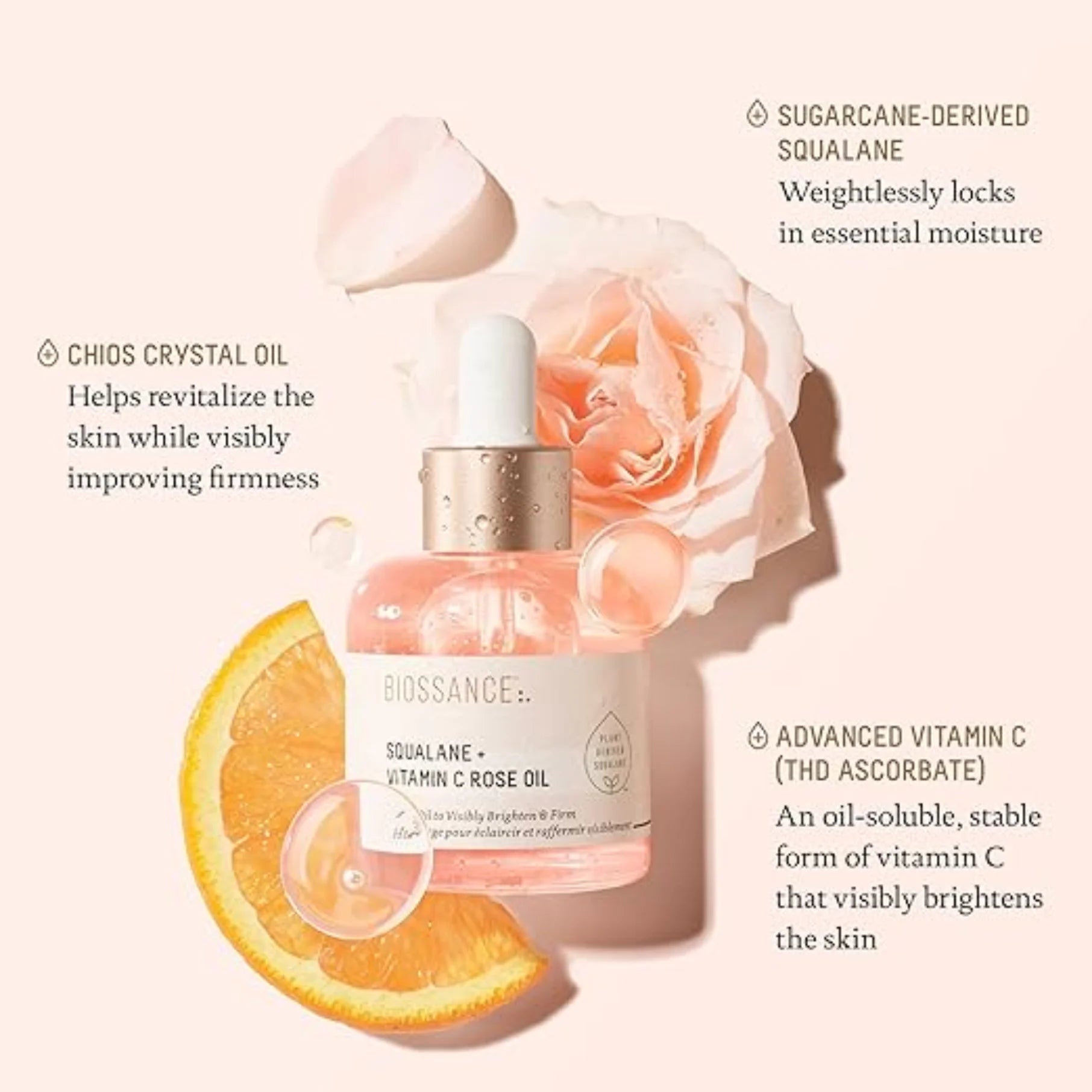 Óleo Facial Avançado de Squalano + Vitamina C com Rosa - Sérum Iluminador, Firmador e Hidratante para Todos os Tipos de Pele