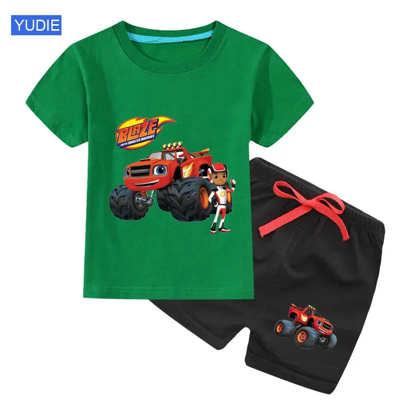 Conjunto de t-shirts e shorts para bebês e meninas, roupas de desenhos animados, velocidade incrível, carros, máquinas monstro, crianças, terno 2pcs, verão