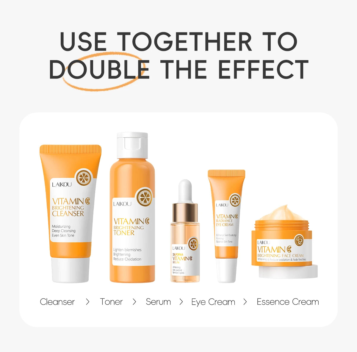 Laikou vitamin c conjunto de cuidados com a pele iluminando 5 pçs kit mesmo tom da pele suave rugas apertar poros limpador toner soro creme para os olhos