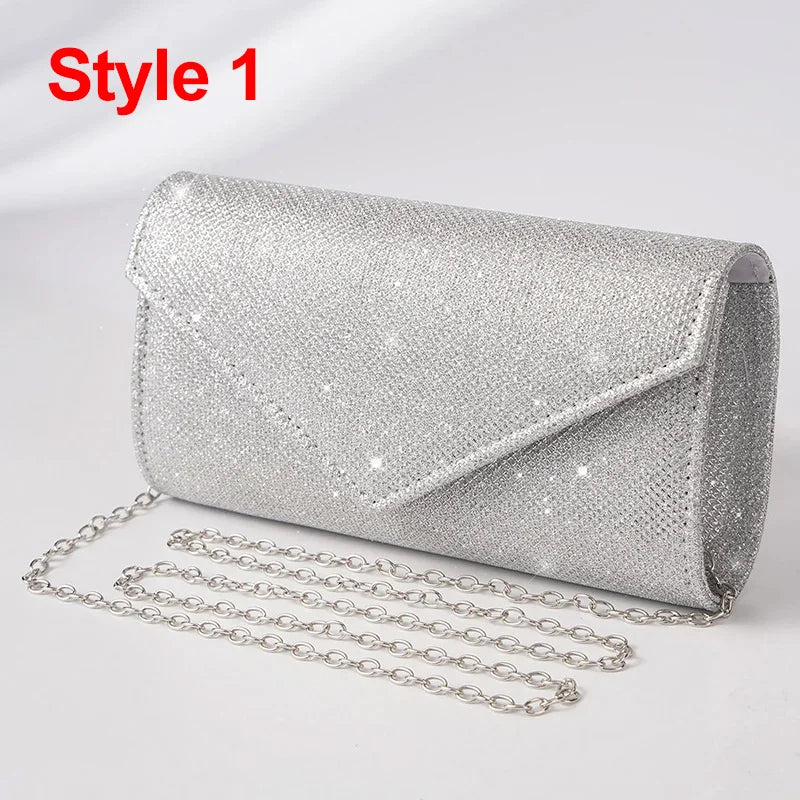 Bolsa de Noite Prateada com Glitter para Mulheres, Elegante e Fashion, Bolsa Longa com Cadeado, Clutch para Casamentos e Festas