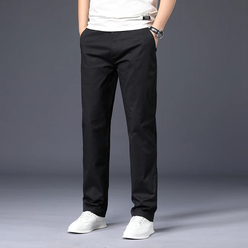Calças masculinas de algodão casual estiramento calças masculinas homem longo em linha reta alta qualidade 4 cores plus size calça terno 42 44 46