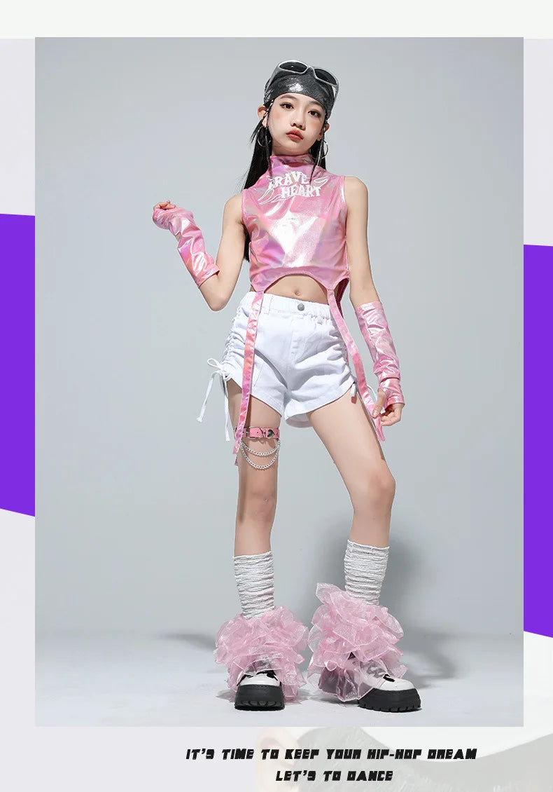 Meninas k-pop brilhante colheita superior calças de carga shorts de dança de rua crianças hip hop jazz conjuntos de roupas crianças streetwear menina grupo traje