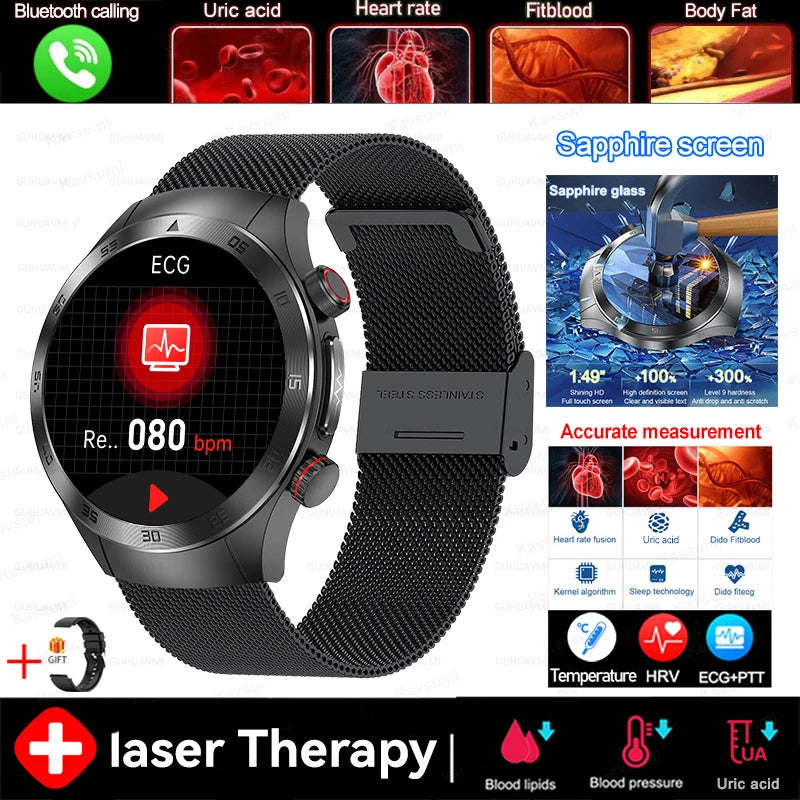 2025 novo tratamento a laser corpo e coração relógio inteligente masculino ecg + ppg ácido úrico gordura no sangue bluetooth chamada rastreador de saúde relógios inteligentes